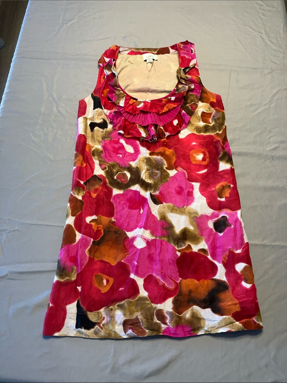 LOFT Pink Multi Floral Ruffle Neck Sleeveless Dress